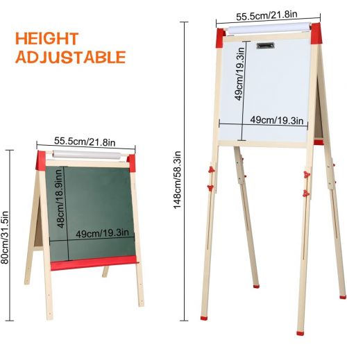  [아마존베스트]Fixget Kids Wooden Easel with Paper Roll, Double-Sided Whiteboard & Chalkboard Standing Easel, Art Easel with Numbers Magnetic Accessories Art and Craft Set Painting Drawing Gifts