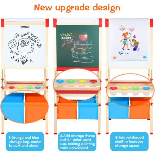  [아마존베스트]Fixget Kids Wooden Easel with Paper Roll, Double-Sided Whiteboard & Chalkboard Standing Easel, Art Easel with Numbers Magnetic Accessories Art and Craft Set Painting Drawing Gifts