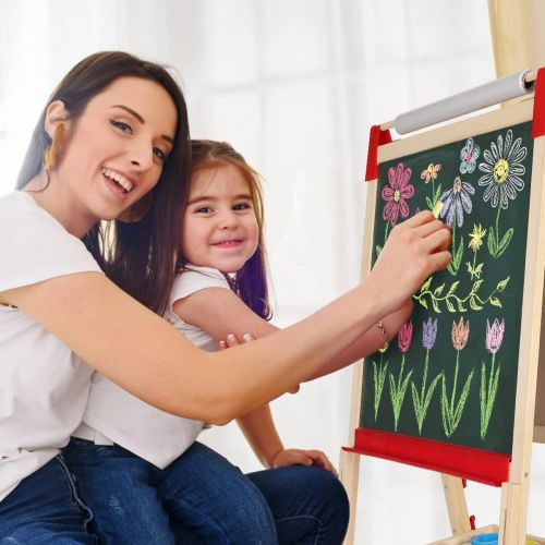  [아마존베스트]Fixget Kids Wooden Easel with Paper Roll, Double-Sided Whiteboard & Chalkboard Standing Easel, Art Easel with Numbers Magnetic Accessories Art and Craft Set Painting Drawing Gifts