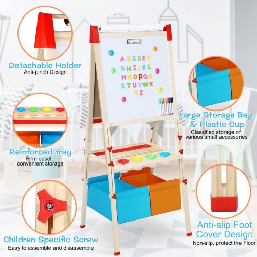  [아마존베스트]Fixget Kids Wooden Easel with Paper Roll, Double-Sided Whiteboard & Chalkboard Standing Easel, Art Easel with Numbers Magnetic Accessories Art and Craft Set Painting Drawing Gifts