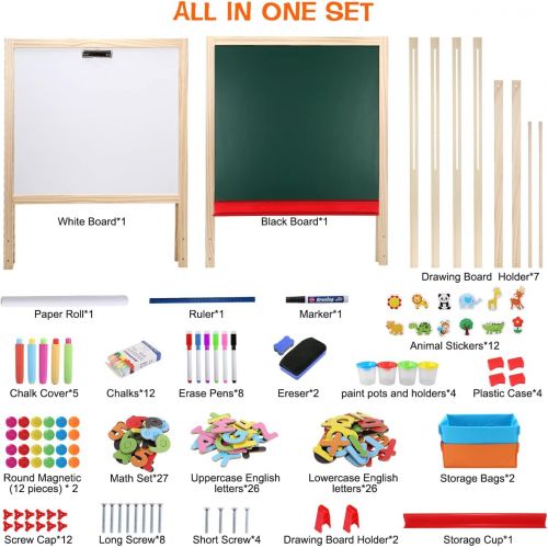  [아마존베스트]Fixget Kids Wooden Easel with Paper Roll, Double-Sided Whiteboard & Chalkboard Standing Easel, Art Easel with Numbers Magnetic Accessories Art and Craft Set Painting Drawing Gifts