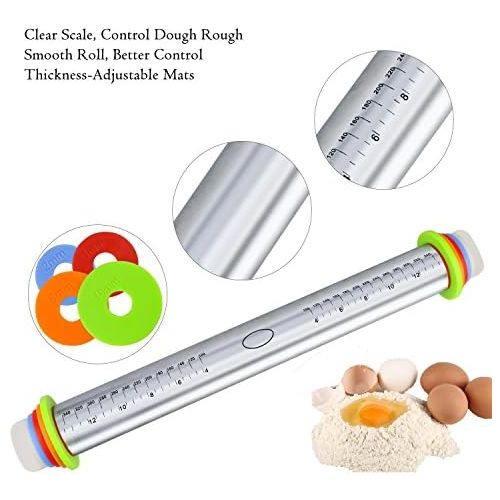  [아마존베스트]Fixget rolling pin, 4 removable rings, metal rolling pin for baking, fondant, cake dough, roller for tart crusts, biscuits or pastry dough, rolling pin, 44 cm, stainless steel, Rol