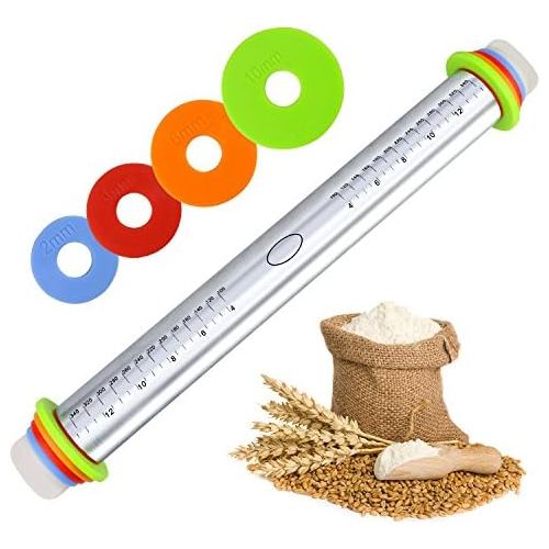  [아마존베스트]Fixget rolling pin, 4 removable rings, metal rolling pin for baking, fondant, cake dough, roller for tart crusts, biscuits or pastry dough, rolling pin, 44 cm, stainless steel, Rol