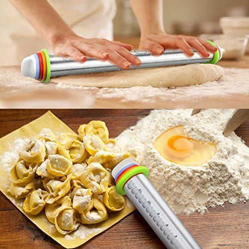  [아마존베스트]Fixget rolling pin, 4 removable rings, metal rolling pin for baking, fondant, cake dough, roller for tart crusts, biscuits or pastry dough, rolling pin, 44 cm, stainless steel, Rol