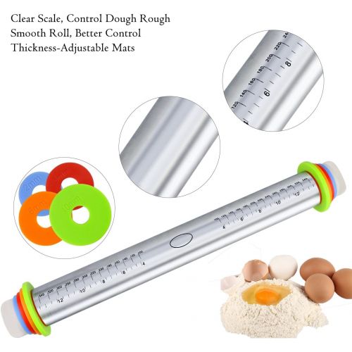  [아마존베스트]Fixget rolling pin, 4 removable rings, metal rolling pin for baking, fondant, cake dough, roller for tart crusts, biscuits or pastry dough, rolling pin, 44 cm, stainless steel, Rol