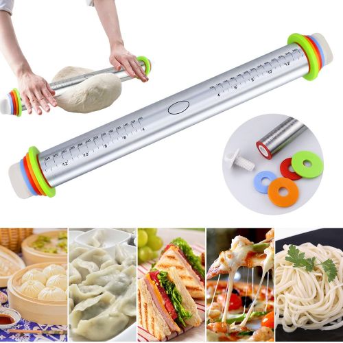  [아마존베스트]Fixget rolling pin, 4 removable rings, metal rolling pin for baking, fondant, cake dough, roller for tart crusts, biscuits or pastry dough, rolling pin, 44 cm, stainless steel, Rol