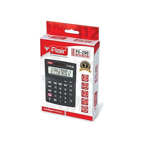  Flair FC-290 Desktop Series Calculator | 12 Digits Calculator, Ergonomic Key Design | Solar & Battery Dual Power | Clear & Large LCD Display | for School, College & Office Use | Black, Pack of 1