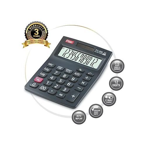  Flair FC-290 Desktop Series Calculator | 12 Digits Calculator, Ergonomic Key Design | Solar & Battery Dual Power | Clear & Large LCD Display | for School, College & Office Use | Black, Pack of 1