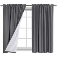 Flamingo P 100% Blackout Grey Curtains for Bedroom Curtains 63 inch Long, Thermal Insulated Rod Pocket Cotton Finishing Curtains, 2 Panels, 2 Bonus Tie-Backs