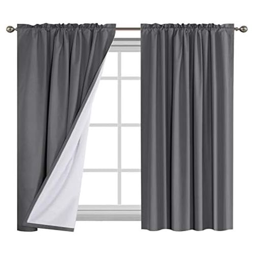  Flamingo P 100% Blackout Grey Curtains for Bedroom Curtains 63 inch Long, Thermal Insulated Rod Pocket Cotton Finishing Curtains, 2 Panels, 2 Bonus Tie-Backs