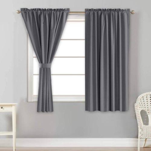  Flamingo P 100% Blackout Grey Curtains for Bedroom Curtains 63 inch Long, Thermal Insulated Rod Pocket Cotton Finishing Curtains, 2 Panels, 2 Bonus Tie-Backs