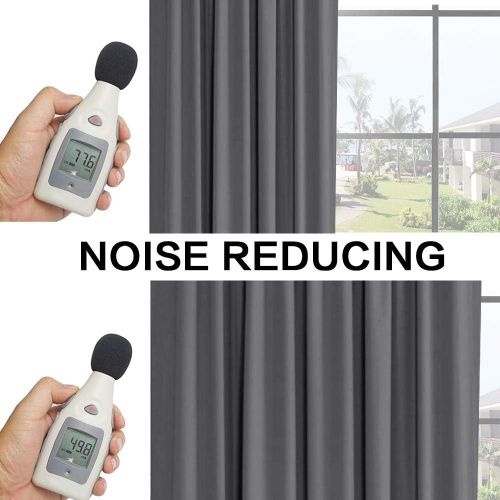  Flamingo P 100% Blackout Grey Curtains for Bedroom Curtains 63 inch Long, Thermal Insulated Rod Pocket Cotton Finishing Curtains, 2 Panels, 2 Bonus Tie-Backs