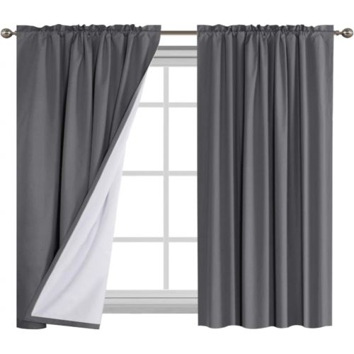  Flamingo P 100% Blackout Grey Curtains for Bedroom Curtains 63 inch Long, Thermal Insulated Rod Pocket Cotton Finishing Curtains, 2 Panels, 2 Bonus Tie-Backs