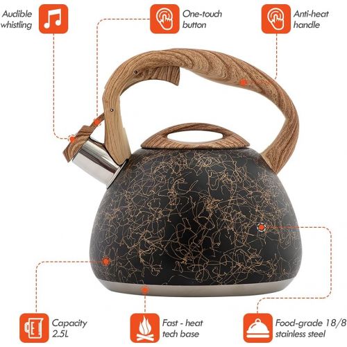  Flantor Stainless Steel Whistling Tea Kettles, 2.5 Quart Loud Whistle Food Grade Stainless Steel Teapot, Stove Top Water Kettle Whistling Tea Kettles with Wood Grain Nylon Handle (