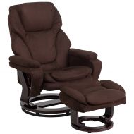 Flash Furniture Contemporary Brown Microfiber Recliner and Ottoman with Swiveling Mahogany Wood Base
