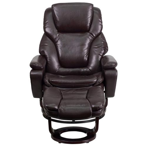  Flash Furniture Contemporary Brown Microfiber Recliner and Ottoman with Swiveling Mahogany Wood Base