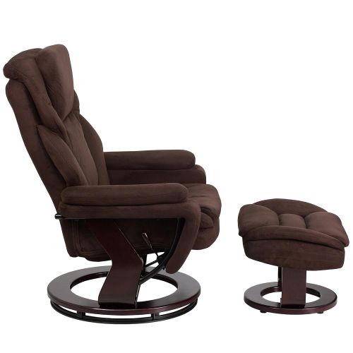  Flash Furniture Contemporary Brown Microfiber Recliner and Ottoman with Swiveling Mahogany Wood Base