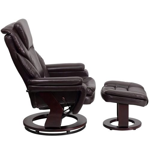  Flash Furniture Contemporary Brown Microfiber Recliner and Ottoman with Swiveling Mahogany Wood Base