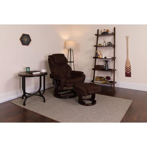  Flash Furniture Contemporary Brown Microfiber Recliner and Ottoman with Swiveling Mahogany Wood Base