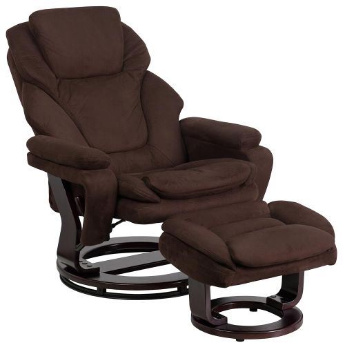  Flash Furniture Contemporary Brown Microfiber Recliner and Ottoman with Swiveling Mahogany Wood Base