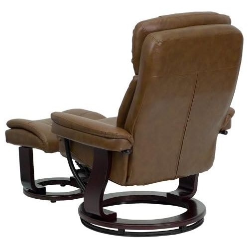  Flash Furniture Contemporary Multi-Position Recliner and Curved Ottoman with Swivel Mahogany Wood Base in Palimino Leather