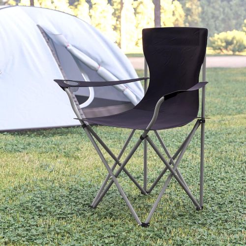  Flash Furniture Portable Folding Camping and Sports Chair with Armrest Cupholder - Portable Black Indoor/Outdoor Fishing Chair - Extra Wide Carry Bag