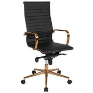 Flash Furniture High Back Black Ribbed Leather Executive Swivel Chair with Gold Frame, Knee-Tilt Control and Arms