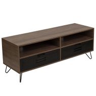 Flash Furniture Woodridge Collection Rustic Wood Grain Finish TV Stand with Metal Drawers and Black Metal Legs