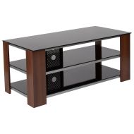 Flash Furniture Montgomery Black TV Stand with Glass Shelves, Steel Accents and Mahogany Wood Grain Finish Frame