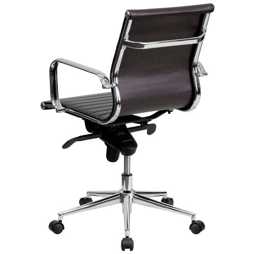  Flash Furniture Mid-Back Brown Ribbed Leather Swivel Conference Chair with Knee-Tilt Control and Arms