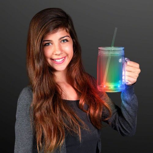  [아마존베스트]FlashingBlinkyLights Set of 4 Mason Jar Light Up Mugs, Multicolor LED Travel Cup with Straw