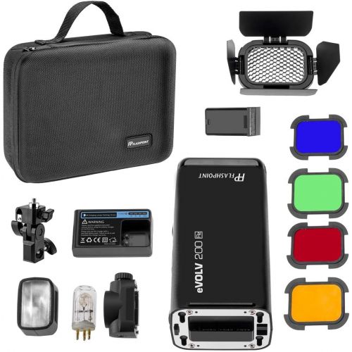  Flashpoint eVOLV 200 TTL Pocket Flash Kit AD-B2 Twin Head, Bare BulbSpeedlite Fresnel Flash Head, BD-07 Barn Door Kit Gel Filters, 2900mAh Lithimu Battery (Godox AD200 Pocket Flas