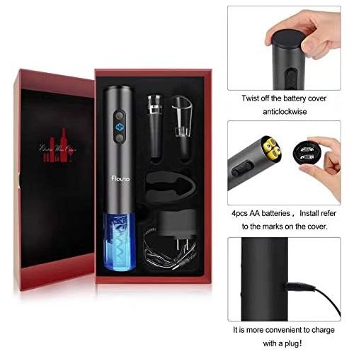  [아마존베스트]Flauno Electric Wine Opener Rechargeable, Cordless Automatic Electric Corkscrew Bottle Opener Set Contains Foil Cutter, Vacuum Stopper and Aerator Pourer, 4-in-1 Gift Set for Wine