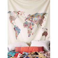 Flber Floral World Map Tapestry Headboard Wall Art Bedspread Dorm Tapestry,60x 60,Twin