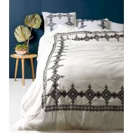 Flber White Duvet Cover Geo Embroidered Comforter Modern Bedding Navy Blue,Full Queen, 86inx90in