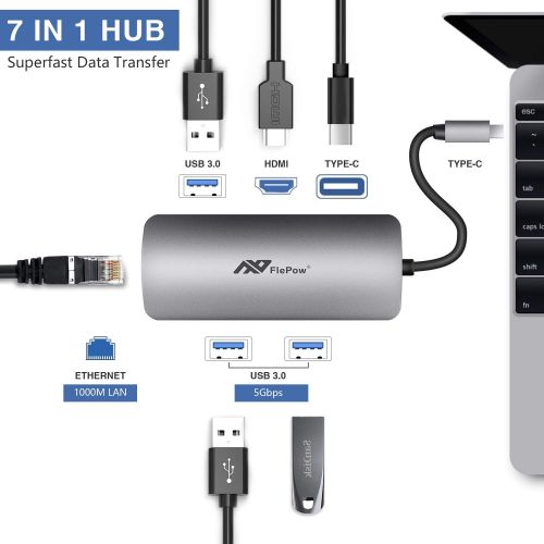  FlePow USB C Hub Multiport Adapter - 6 in 1 Dongle PD Charging Port, 4K HDMI Output,Ethernet, 3 USB 3.0 Ports Compatible for MacBook Pro, XPS More Type C Devices, 2 Year Warranty