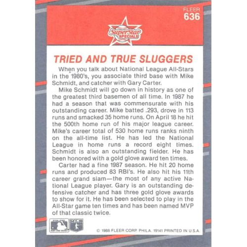  Baseball MLB 1988 Fleer #636 Mike Schmidt/Gary Carter #636 Tried and True Sluggers NM
