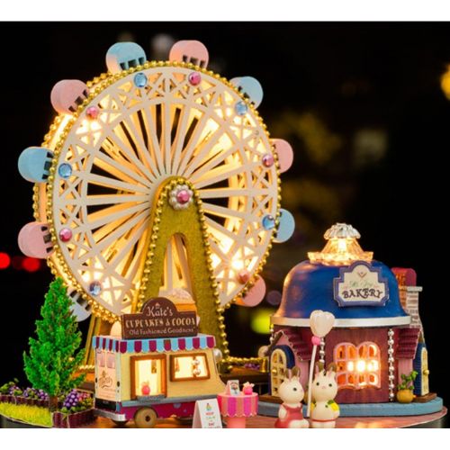  Flever Dollhouse Miniature DIY House Kit Creative Room with Furniture and Glass Cover for Romantic Artwork Gift(Happy Ferris Wheel)