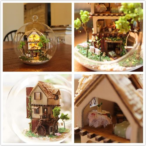  Flever Dollhouse Miniature DIY House Kit Creative Room with Furniture and Glass Cover for Romantic Artwork Gift (Forest Dream Island)