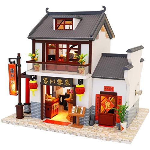  Flever Wooden DIY Dollhouse Kit, 1:24 Scale Miniature with Furniture, Dust Proof Cover and Music Movement, Creative Craft Gift for Lovers and Friends (Dragon Gate Inn)