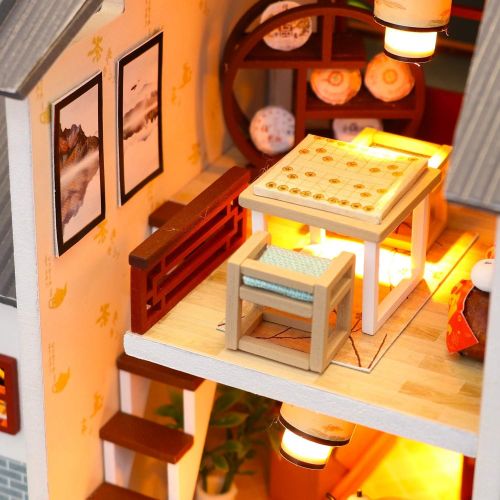  Flever Wooden DIY Dollhouse Kit, 1:24 Scale Miniature with Furniture, Dust Proof Cover and Music Movement, Creative Craft Gift for Lovers and Friends (Dragon Gate Inn)