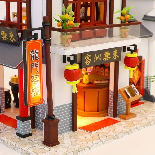  Flever Wooden DIY Dollhouse Kit, 1:24 Scale Miniature with Furniture, Dust Proof Cover and Music Movement, Creative Craft Gift for Lovers and Friends (Dragon Gate Inn)
