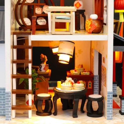  Flever Wooden DIY Dollhouse Kit, 1:24 Scale Miniature with Furniture, Dust Proof Cover and Music Movement, Creative Craft Gift for Lovers and Friends (Dragon Gate Inn)