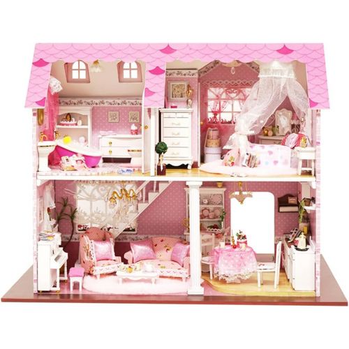  Flever Wooden DIY Dollhouse Kit, Miniature with Furniture, Creative Craft Gift for Lovers and Friends (Pink Sweetheart)