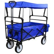 Flex HQ Collapsible Outdoor Utility Wagon, Heavy Duty Folding Garden Portable Hand Cart, with Drink Holder, Suit for Shopping and Park Picnic, Beach Trip and Camping (Blue)