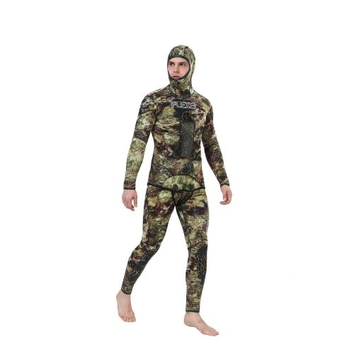  Flexel Camo Spearfishing Wetsuits Men 3mm 5mm 7mm Premium Neoprene Camouflage 2-Pieces Hoodie Freediving Fullsuit for Scuba Diving Snorkeling Swimming