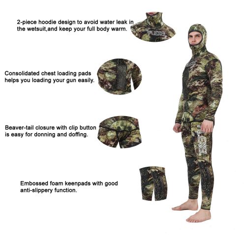  Flexel Camo Spearfishing Wetsuits Men 3mm 5mm 7mm Premium Neoprene Camouflage 2-Pieces Hoodie Freediving Fullsuit for Scuba Diving Snorkeling Swimming