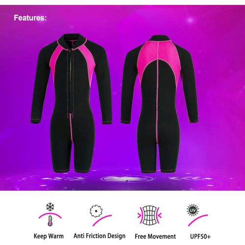  FLEXEL Kids Wetsuit for Boys Girls 2mm Neoprene Front Zipper Long Sleeve Shorty Keep Warm Swimsuit for Scuba Diving Surfing Swimming