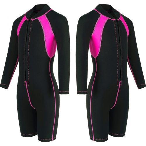  FLEXEL Kids Wetsuit for Boys Girls 2mm Neoprene Front Zipper Long Sleeve Shorty Keep Warm Swimsuit for Scuba Diving Surfing Swimming