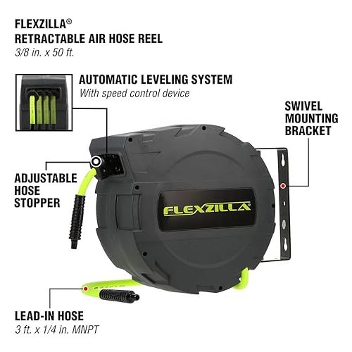  Flexzilla Retractable Enclosed Plastic Air Hose Reel, 3/8 in. x 30 ft, Heavy Duty, Lightweight, Hybrid, ZillaGreen - L8232FZ